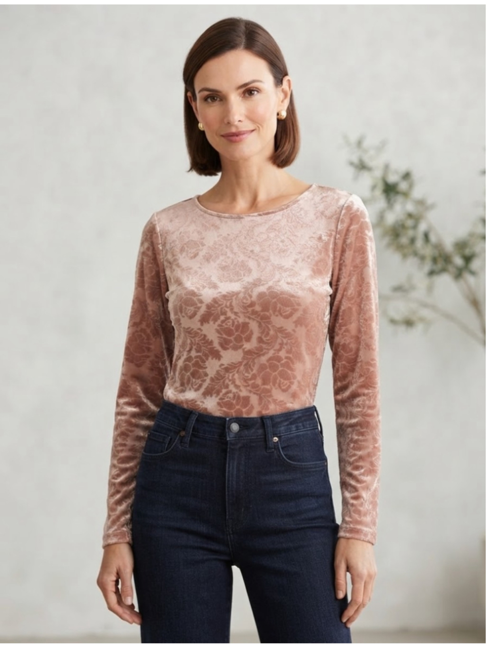 Sundance Burnout Velvet Floral Long Sleeve Top Dusty Rose Medium Bohemian